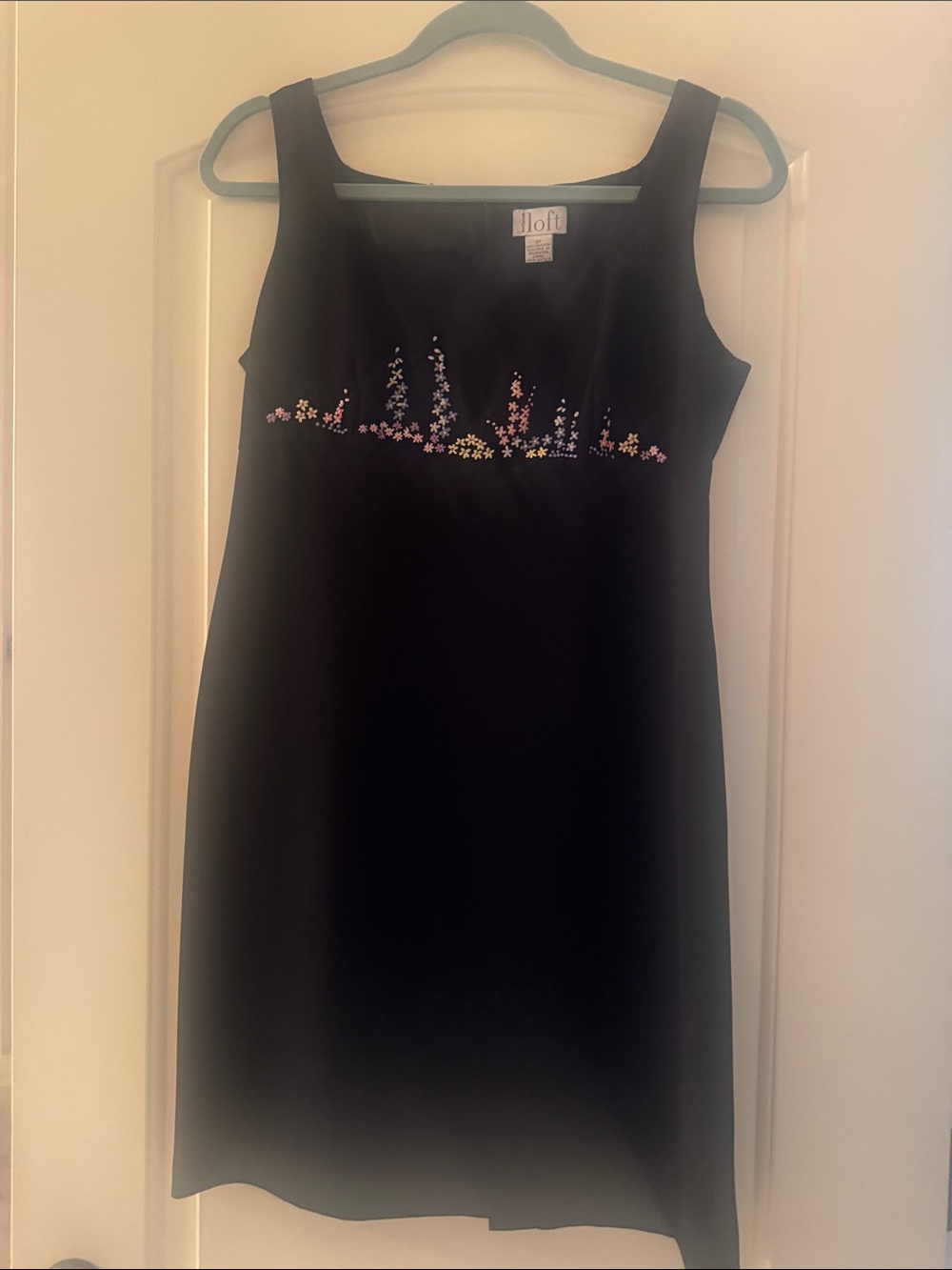 LOFT Black Sleeveless Fully Lined Shift Dress with Pastel Floral Embroidery